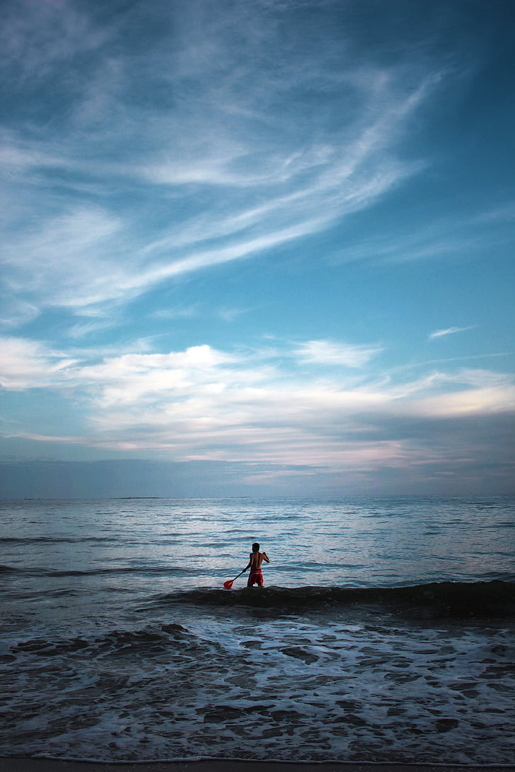 man, standing, sea, sunset, ocean, sky, sport