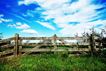 Gate, plot, zakázané, dávať pozor, drevené brány, zatvorené, Sky