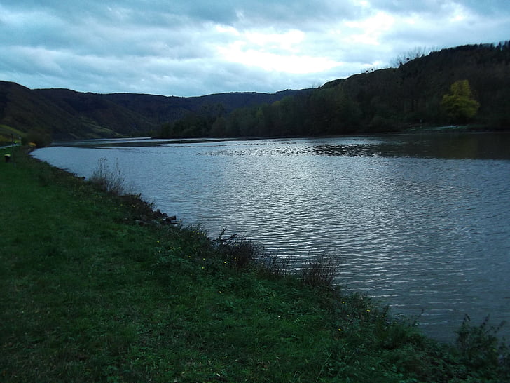 řeka, krajina, obloha, modrá, mraky