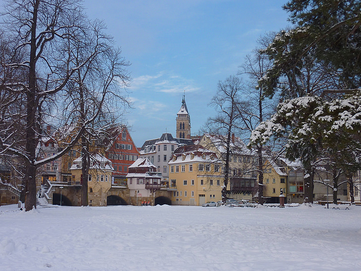 Esslingen, Tyskland, landskap, vinter, snö, Ice, byggnader