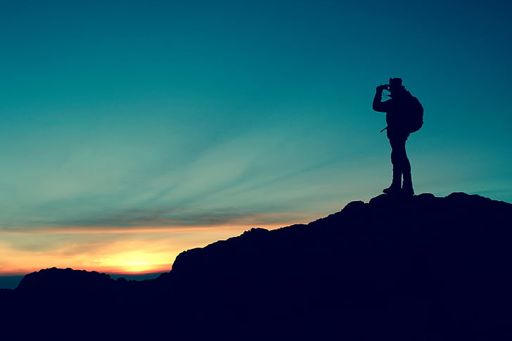 man, top, mountain, sunset, outdoors, silhouette, dusk