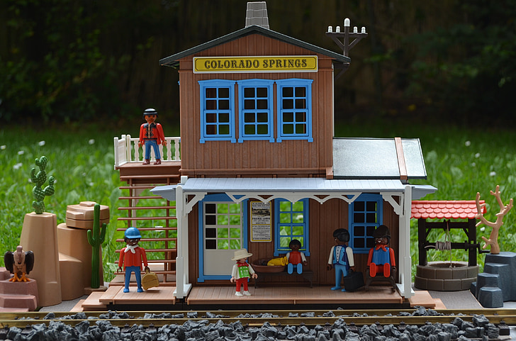 Playmobil, västra, järnvägsstation, USA, Colorado springs, människor i färg, Amerika