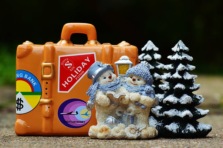 vinterferie, juleferien, rejse, bagage, vinter, sne mand, figur