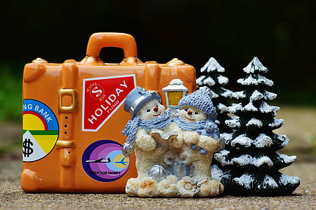winter holiday, christmas holidays, travel, luggage, winter, snow man, figure