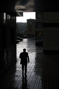 businessman, silhouette, walking, rain, intent, man, male