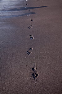 voetafdruk, strand, sporen, zand, zwart, blote voeten, Trace