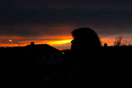puesta de sol, mujer, silueta, humano, cabeza