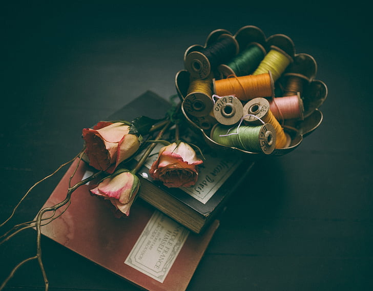 books, colorful, colourful, flora, flowers, roses, threads