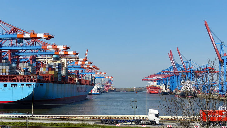 kontejner portalna dizalica, kontejner, rukovanje kontejnerima, kontejnerski brod, luka, tereta, luka Hamburg