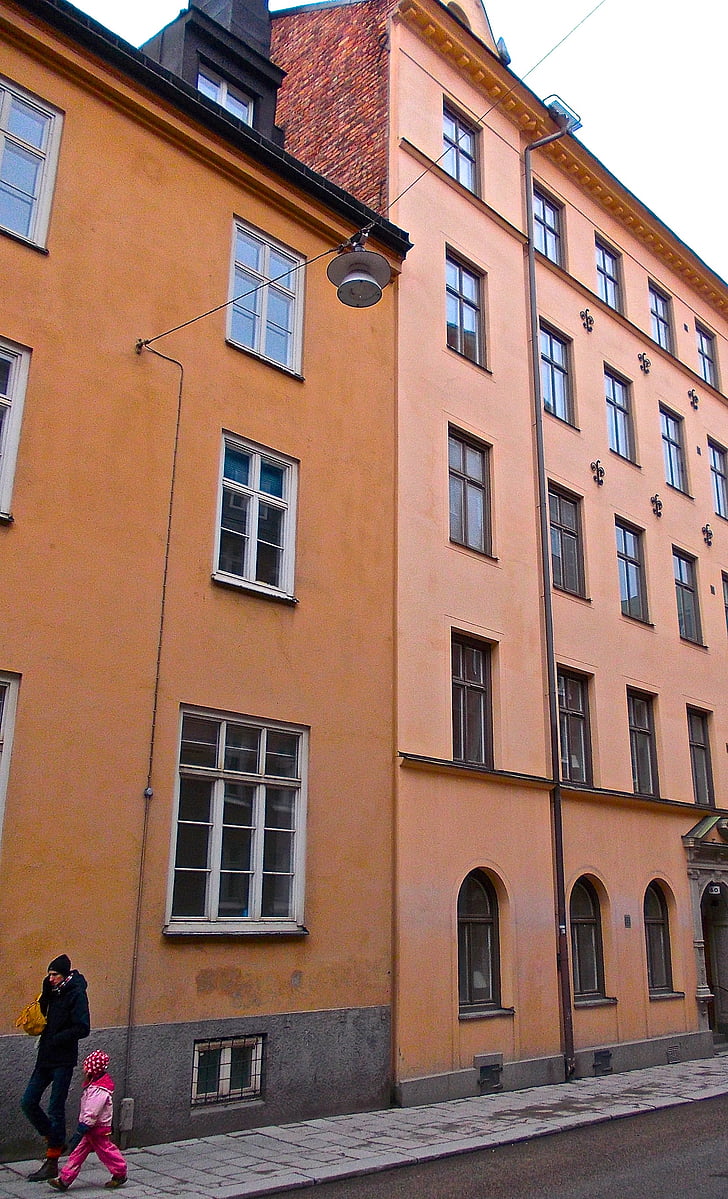 homlokzat, apja, lánya, utcai élet, Södermalm, Stockholm, építészet