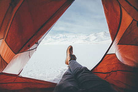 Camping, føtter, utendørs, sko, snø, telt, Vinter