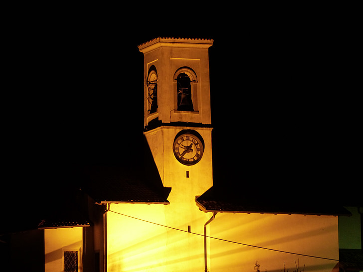 templom, világító, éjszaka, pregasina, Garda, Steeple, falu
