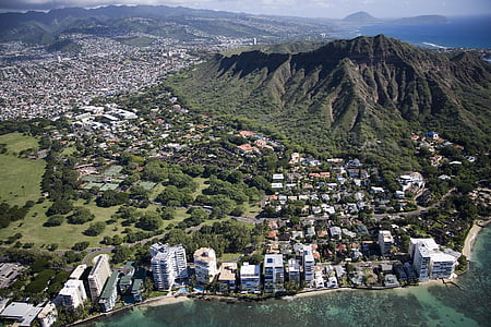 Уайкики Бийч, Хавай, Хонолулу, Оаху, САЩ, Въздушна снимка, Даймънд Хед