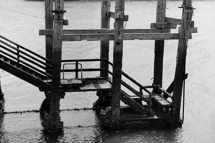 black and white, sea, staircase, wharf