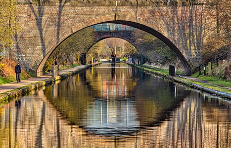 Winson groen, kanaal, bruggen, brug - mens gemaakte structuur, het platform, reflectie, rivier