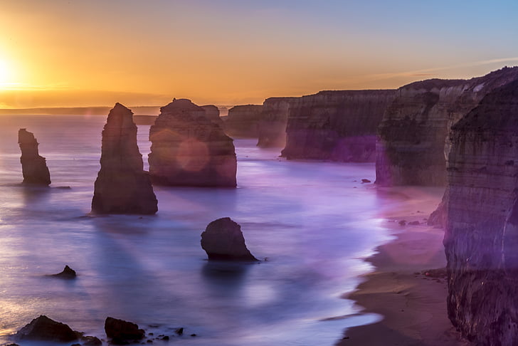 apostles, beach, light, sunset, rock - object, scenics, purple