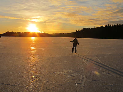 patins à glace, glace, nature, froide, neige, tour de patinage, coucher de soleil