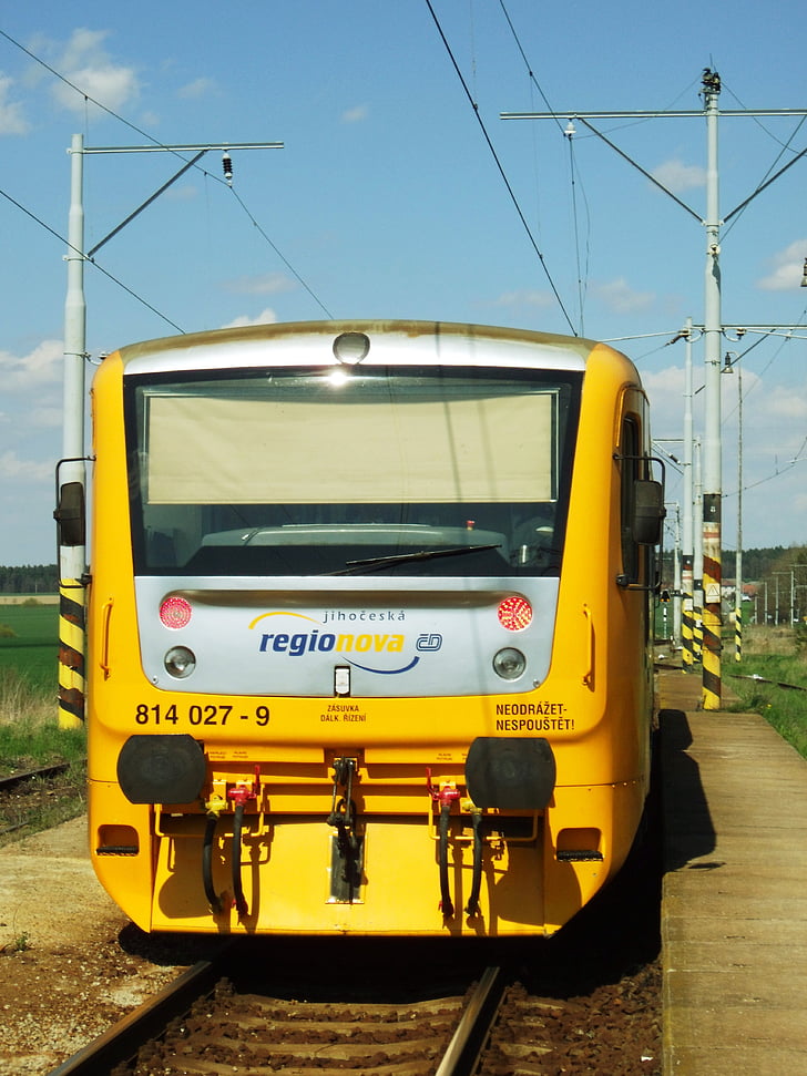 vasúti, sárga, motorkocsi, közlekedés, Dél-Csehország, Cseh Köztársaság, sudoměřice u bechyně