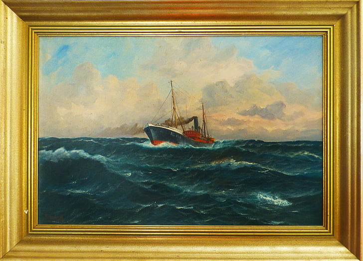oil painting, image, frame, fishing vessel, swell, antique, picture frame
