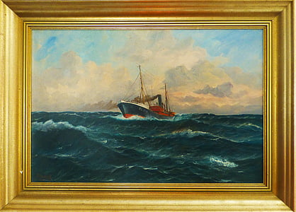 pictura in ulei, imagine, cadru, navă de pescuit, se umfla, Antique, ramă foto