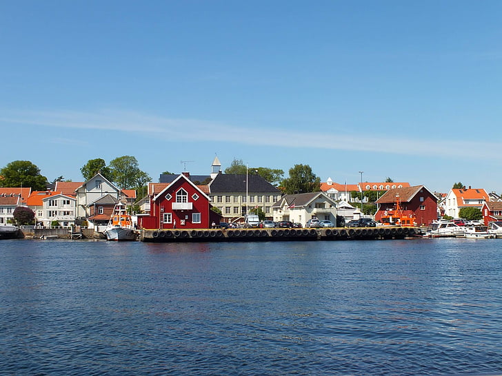 város, Langesund, Norvégia, Telemark, szállítási város, tengerpart, Családi házak