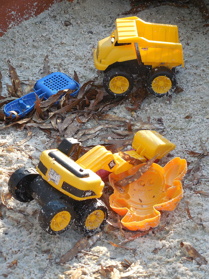 пясък, играчки, пясък, детство, кутия, жълто, пластмаса