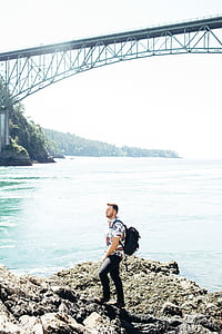 dobrodružství, Most, tramp, pěší turistika, jezero, muž, osoba