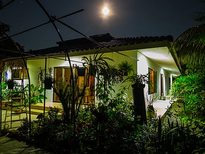full moon night, home, garden, night photograph, single family home, holiday house, apartment