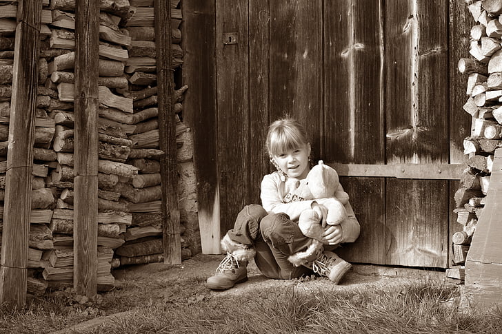child, girl, teddy bear, ground, sit, wood
