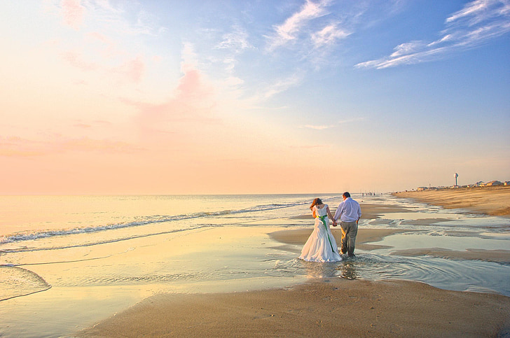 esküvő, barátja, Beach, naplemente, elkötelezettség, szerelem, menyasszony