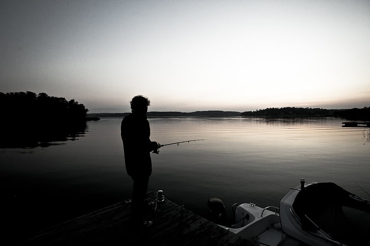 boat, fisherman, fishing rod, lake, person, recreation, river