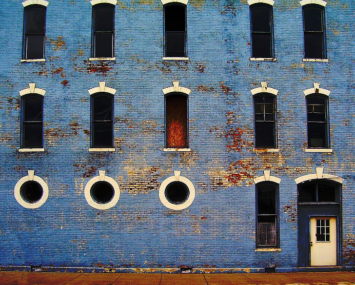 building, old, weathered, rustic, blue, windows, exterior