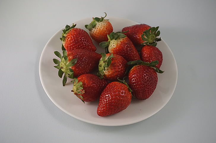 strawberries, white, ceramic, plate, red, plant, seeds
