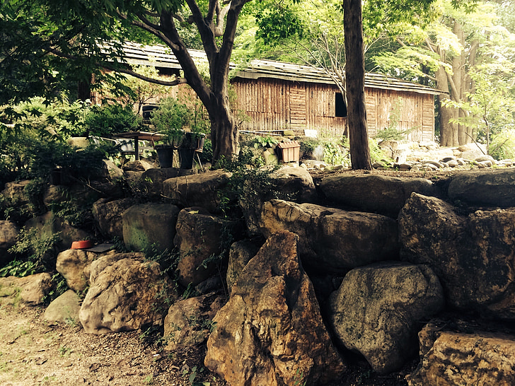 wood, stone wall, wooden house, village, forest, rock, rock wall