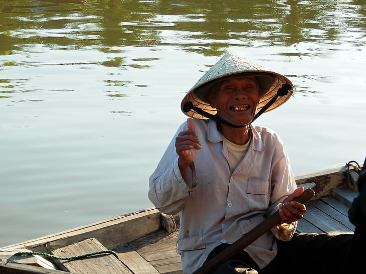 Lächeln, Fischer, Fluss, Native, Vietnam, Ruderboot, Menschen