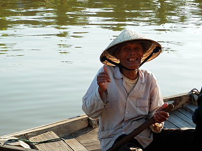 úsměv, rybář, řeka, nativní, Vietnam, veslice, lidé