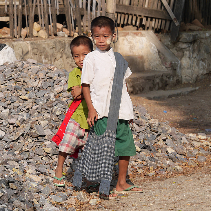 barn, Myanmar, studenter, schulweg, skolen, barnehage, gutter