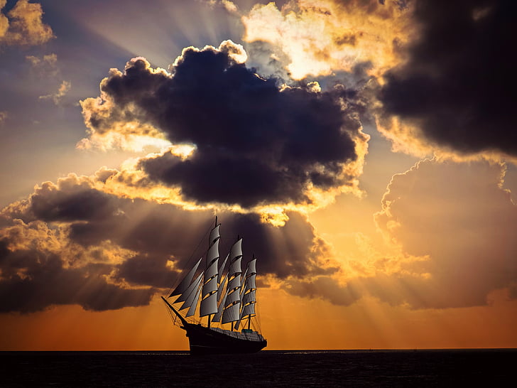 sailing vessel, ship, sail, sea, ocean, shipping, sky