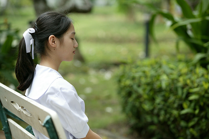 Момиче, азиатски, седи, пейка, парк, Тайланд, Азия