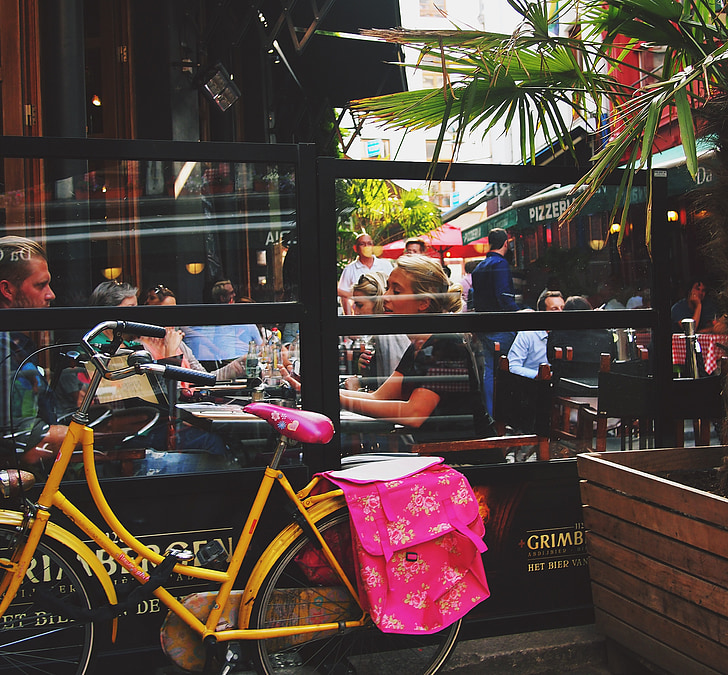 café, urbana, cidade, comunicação, rua, bicicleta, falando