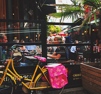 Café, Urban, Stadt, Kommunikation, Straße, Fahrrad, im Gespräch