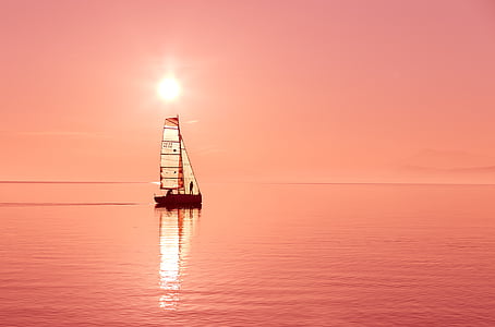 corpo, água, barco, pôr do sol, sailbot, vela, Crepúsculo