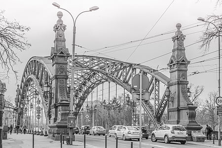 architecture, black-and-white, bridge, cars, city, road, street