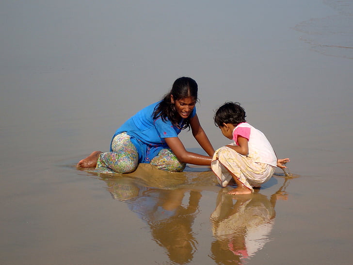 nenes, platja, l'Índia, nens, oceà, l'aigua, sorra