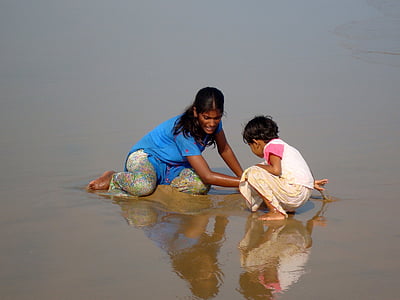 meninas, praia, Índia, crianças, oceano, água, areia
