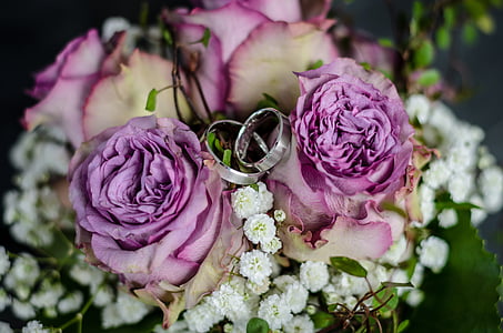 wedding, rings, bridal bouquet, wedding rings, together, roses, rose - Flower