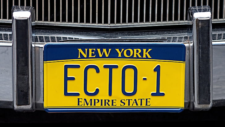 Caçafantasmes, ecto-1, llicència, placa, inscripció, Nova york, valors