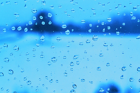 gotejamento, azul, janela, vidro, gota de água, fora de foco, efeito