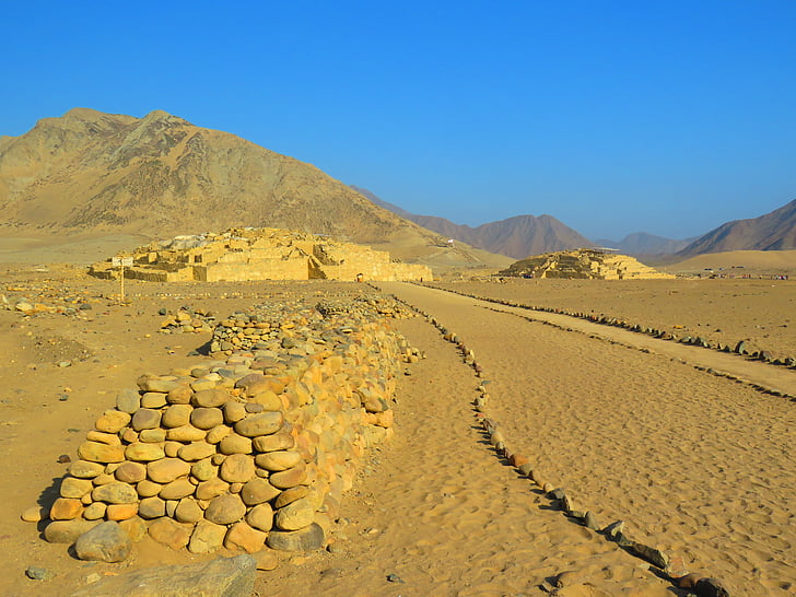 pyramid, desert, old civilization, caral, peru, nature, mountain