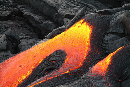 volcano, lava, flowing, eruption, landscape, active, hot